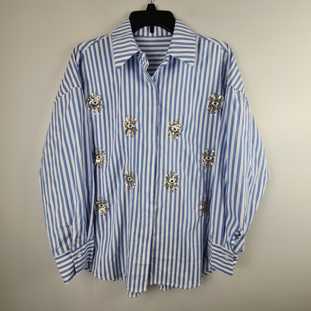 Women's‎ Hamsa Embellished Evil Eye All Seeing Eye Striped Button Up M/L Blouse